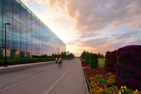 Helsinki Music Centre featuring a sunset and flowers