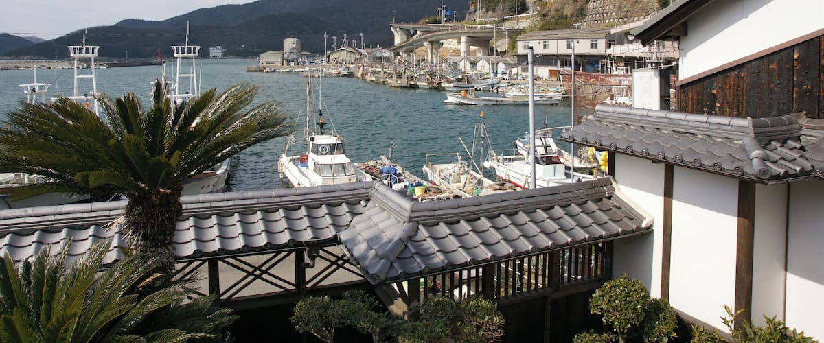 A coastal town with traditional architecture, a marina with boats, and mountains in the background.
