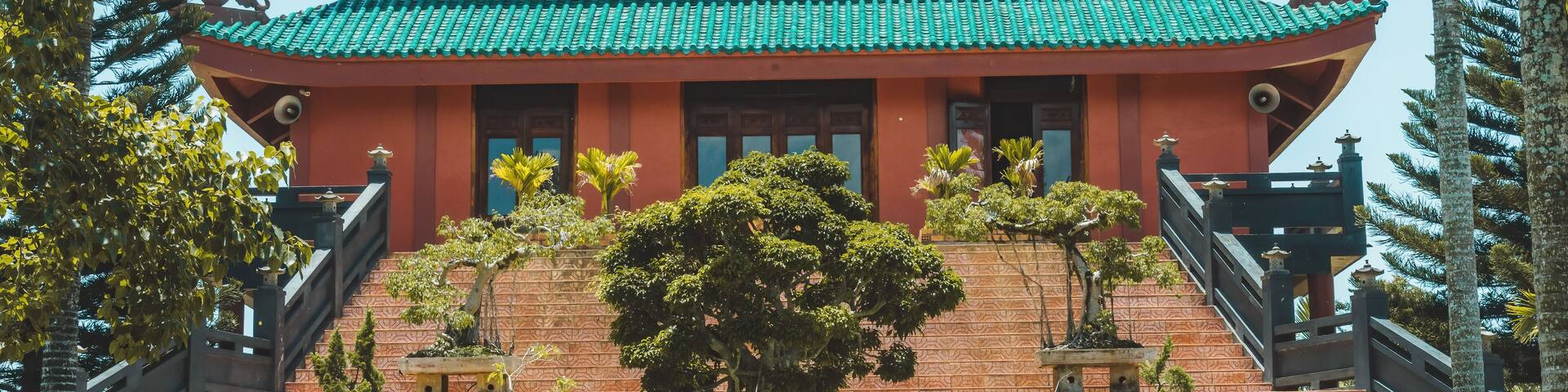 Beautiful view of Hoa Nghiem Pagoda in Bao loc city, Lam Dong province, Vietnam. Text in photos mean Hoa Nghiem pagoda, name of this pagoda (Vietnamese language)