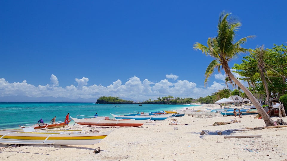 A beach with boats, palm trees, and clear blue water.