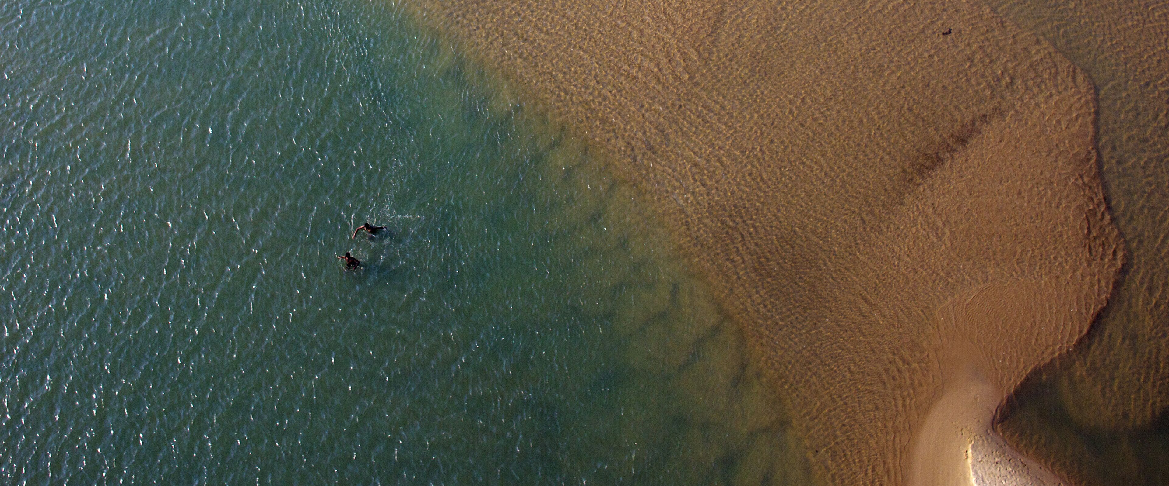 Una playa con agua cristalina y una orilla arenosa.