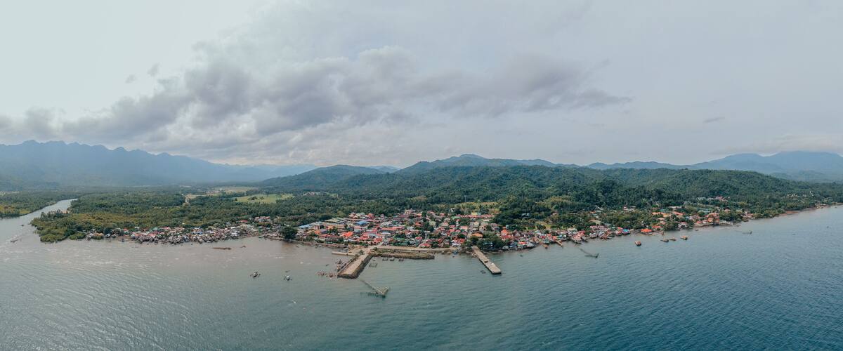 An aerial view of a coastal town with a harbor, surrounded by mountains and dense forests.