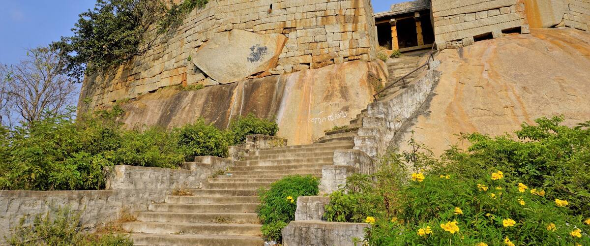 A stone staircase leading up a rocky hillside with vegetation and flowers.