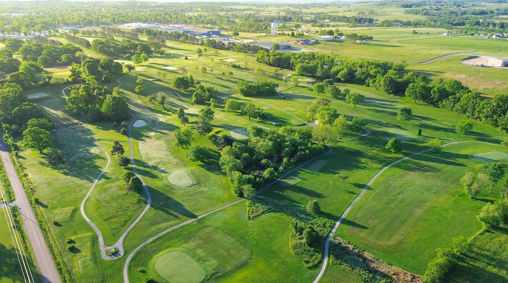 Country golf course with small town warehouses storage and water tower in distant background, municipal golf course country club in Mountain Grove, Missouri, scenic aerial view 18 holes golf