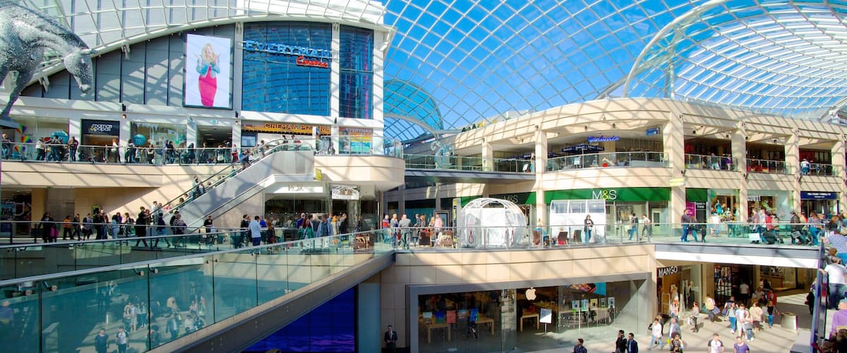 Trinity Leeds Mall showing street scenes, interior views and modern architecture