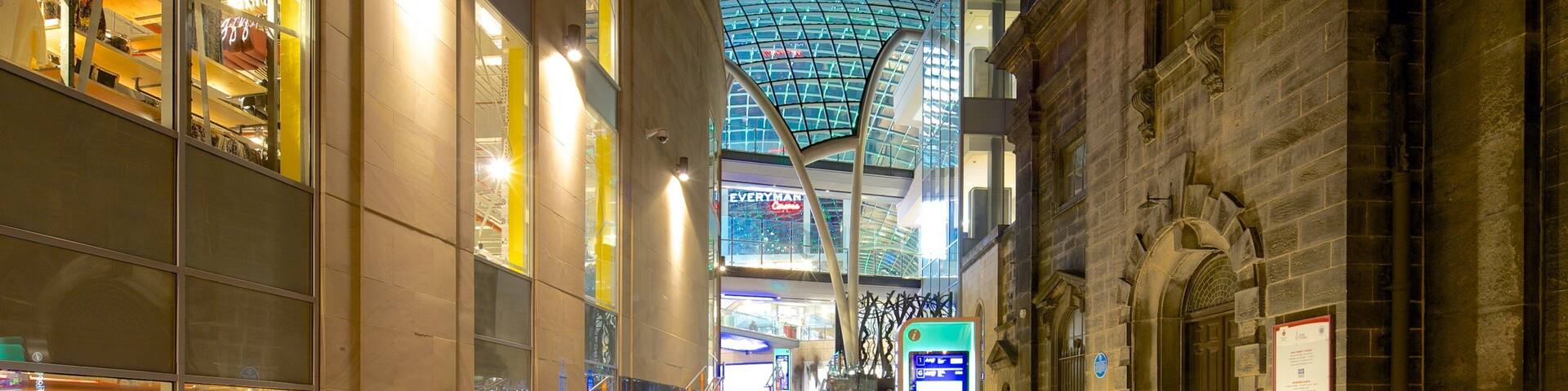 Trinity Leeds Mall which includes heritage elements, night scenes and street scenes