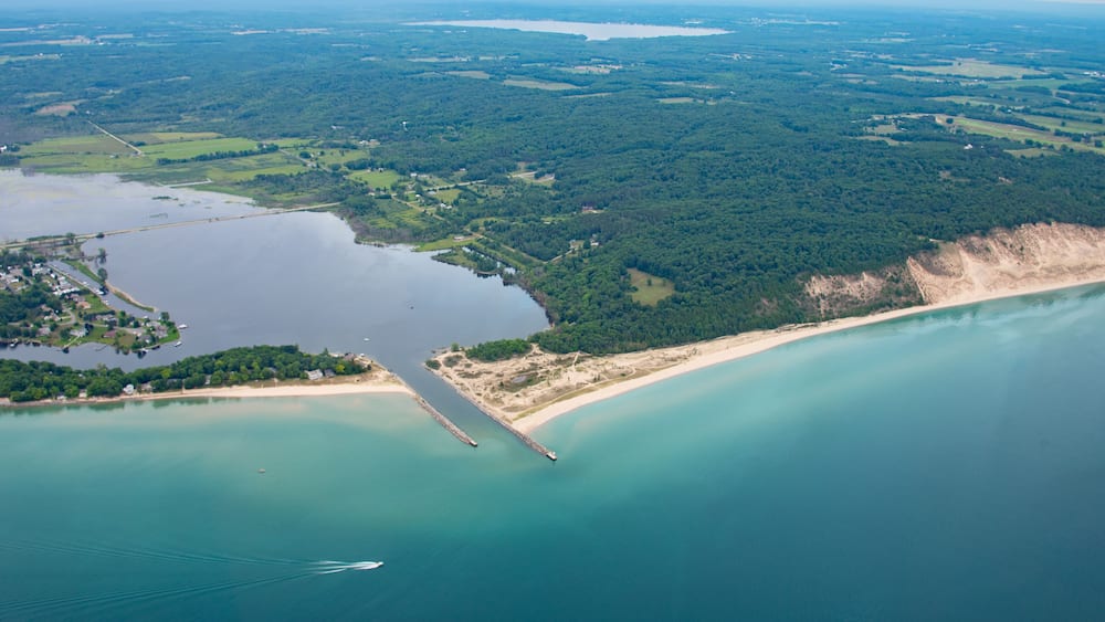 Aerial of Arcadia Michigan harbor