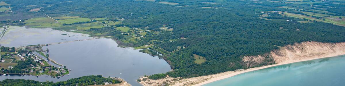 Aerial of Arcadia Michigan harbor