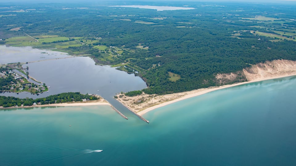 An aerial view of a coastal area with a large body of water, a sandy beach, and a forested region.
