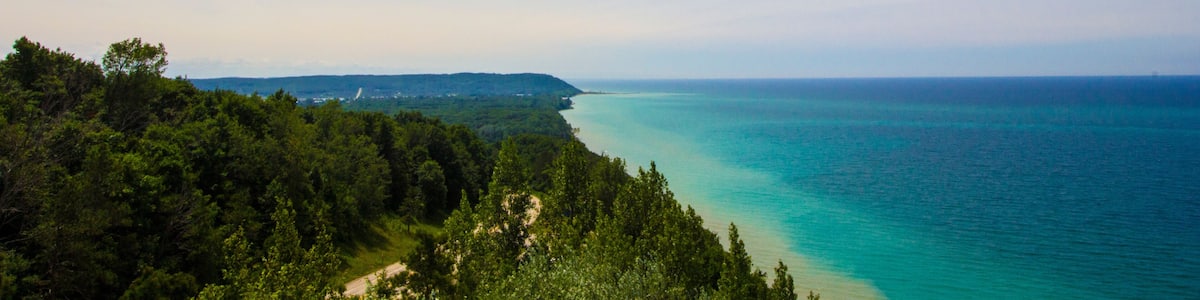 Eine Küstenlandschaft mit dichtem, grünen Wald, klarem, blauem Meer und einer entfernten Küstenlinie.