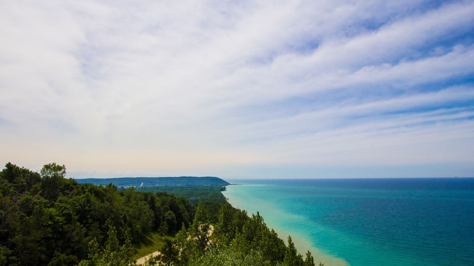 A coastal landscape with dense green forest, a clear blue sea, and a distant shoreline.