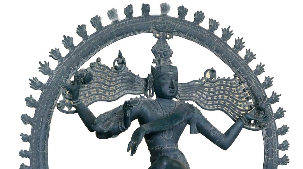 TANJORE, INDIA - DEC 29, 2019 - Shiva Nataraja lord of the dance, 12th century Vedaranyam Chola cast bronze, Bradishwara Temple, Tanjore, Thanjavur, Tamil Nadu , India