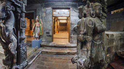 Tirunelveli, Tamil Nadu, India, November 10, 2018: Ancient stone statues in the altar of the Hindu temple in Tirunelveli, Tamil Nadu, South India.