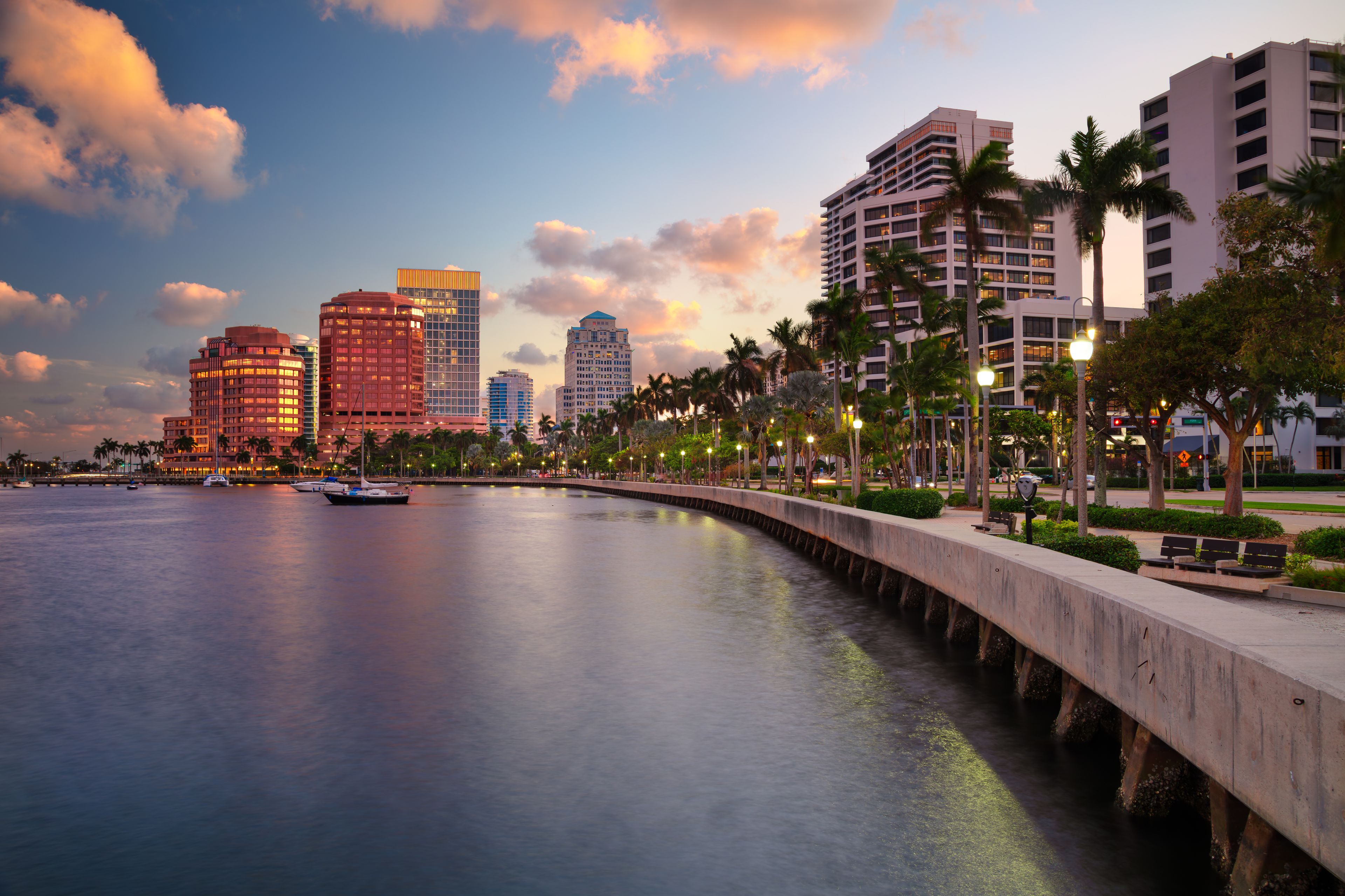 A waterfront cityscape with modern buildings, a calm river, and a promenade lined with palm trees.