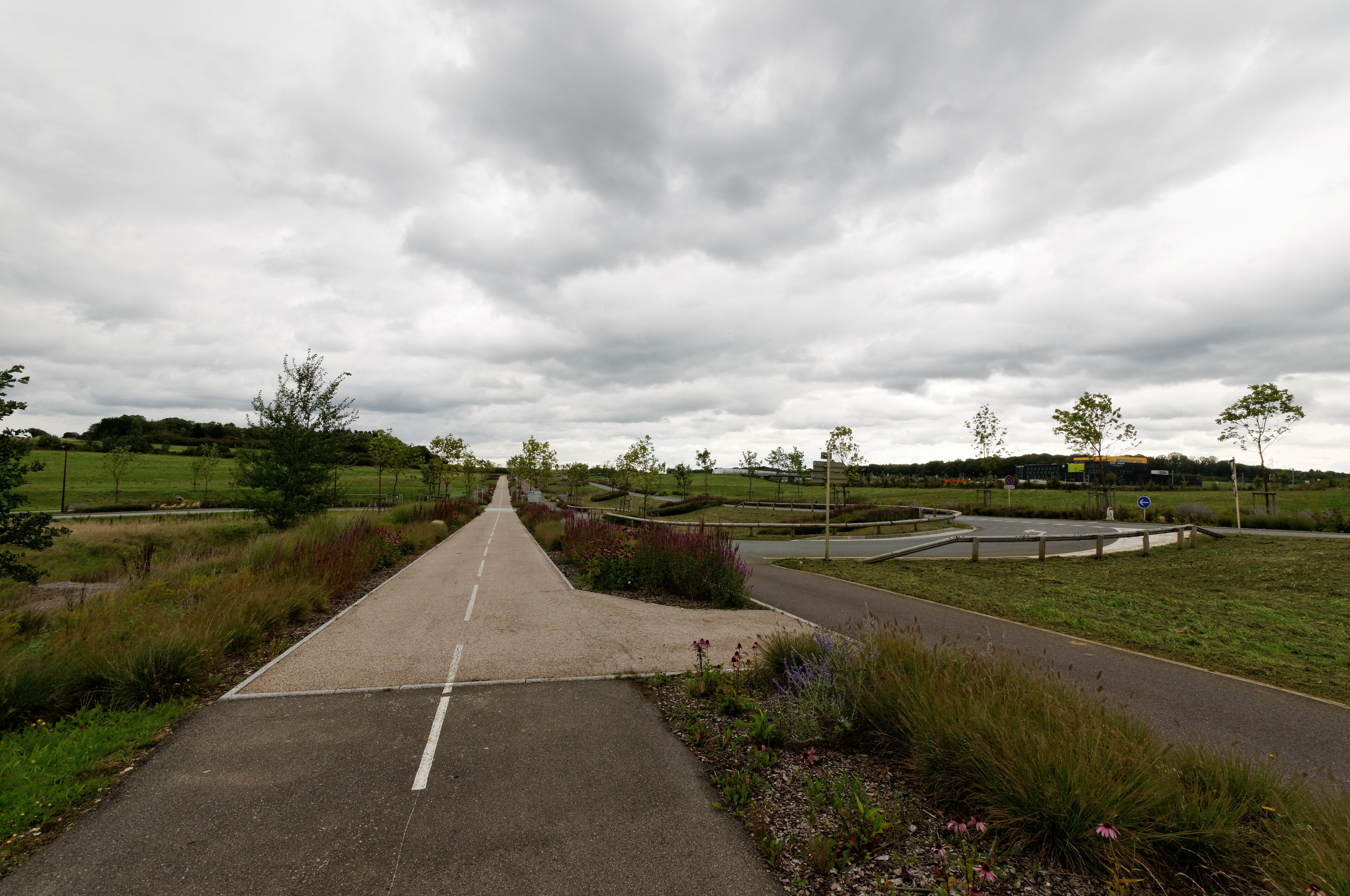 A rural road with a roundabout, surrounded by fields and trees.