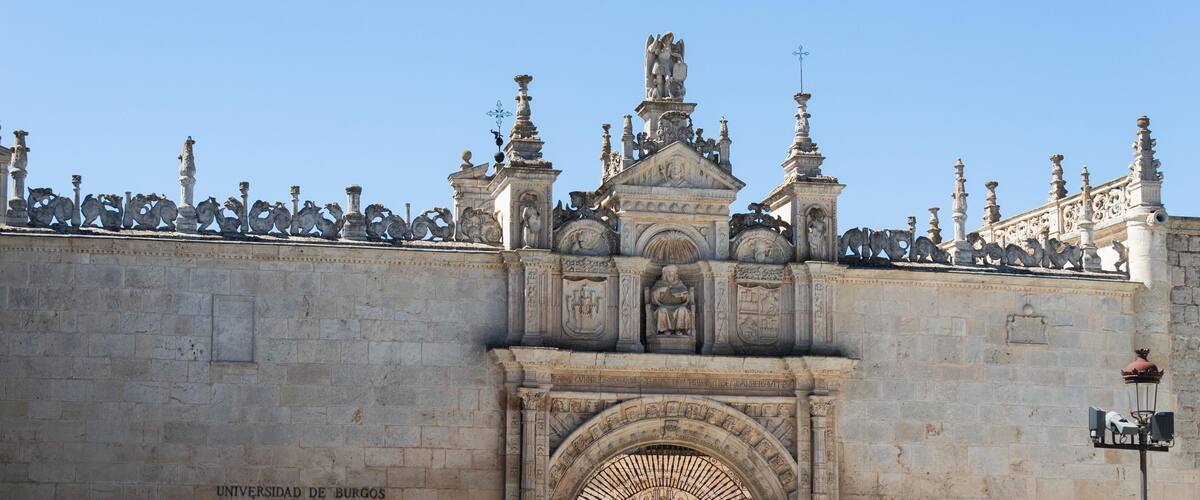 BURGOS, SPAIN - 05 AUGUST - 2020: University of Burgos, a public university in Burgos Castile and Leon, Spain on the Camino de Santiago entrance to the Hospital del Rey, 16th century