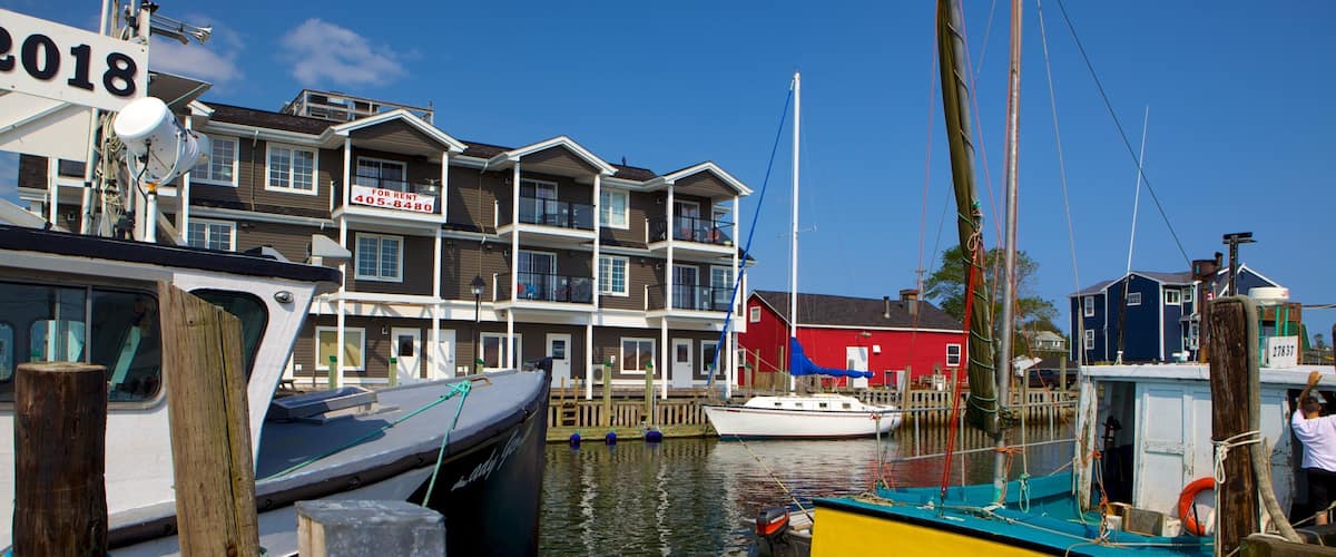 A marina with boats docked, a red building, and a multi-story residential building in the background.