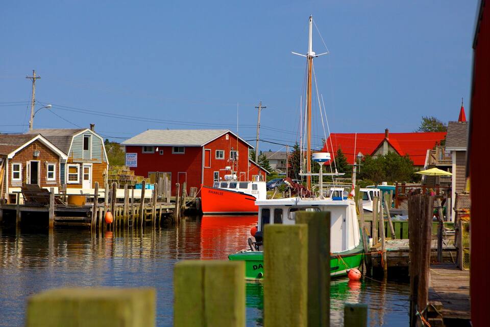 A harbor with boats, wooden docks, and colorful houses.