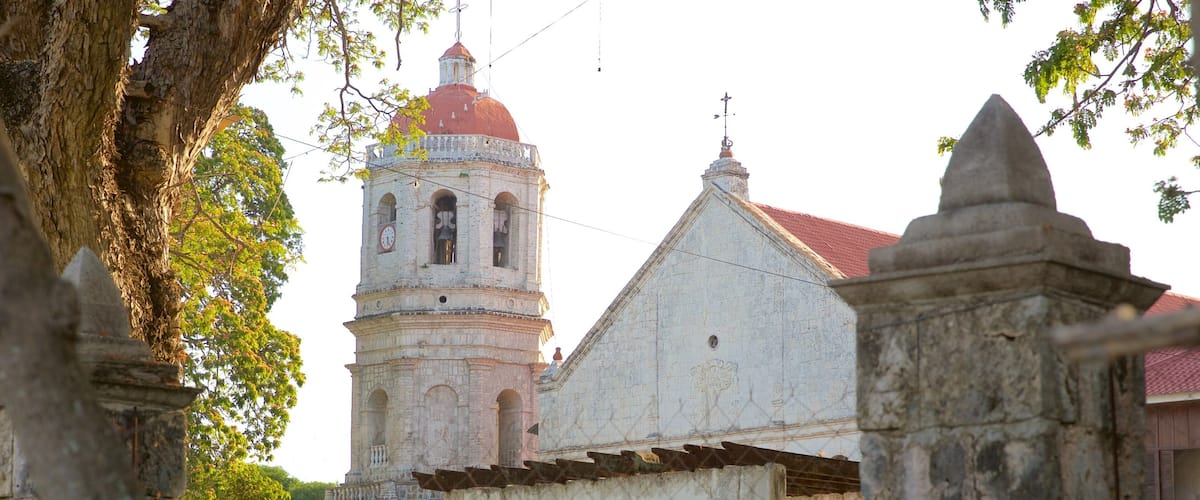 Dalaguete Church which includes religious elements, a park and a sunset