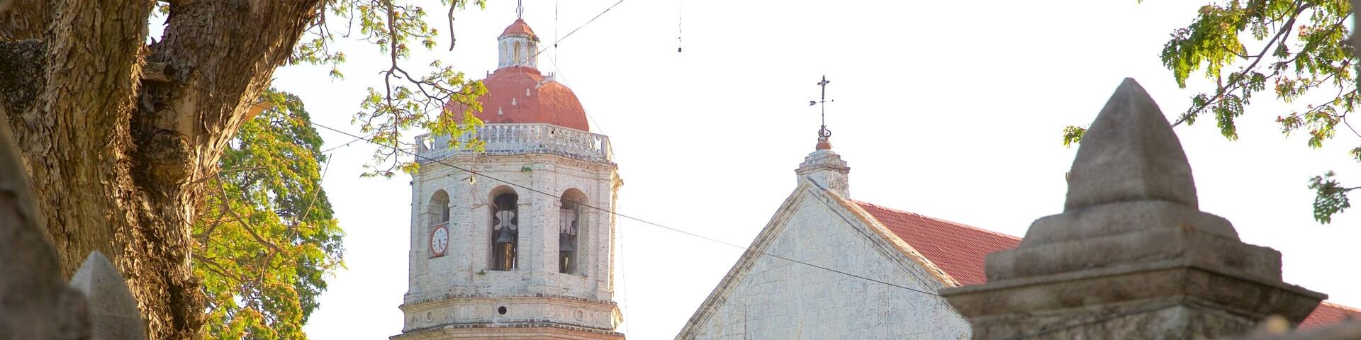 A historic church with a bell tower and a red dome, surrounded by lush greenery.