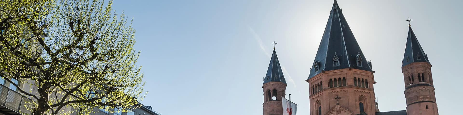 A historic church with twin spires and a flagpole.