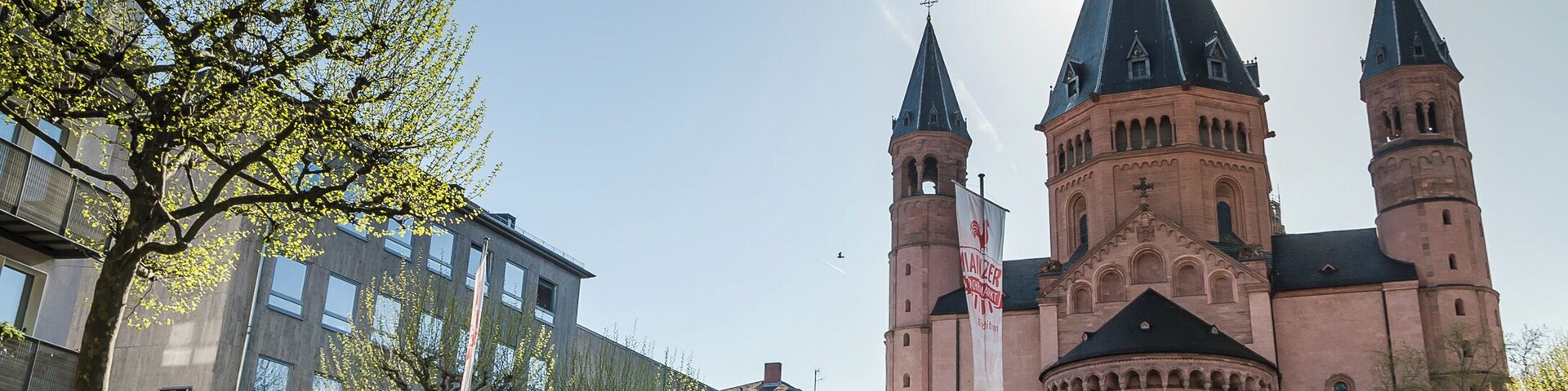 Una iglesia histórica con dos torres gemelas y un asta de banderas.