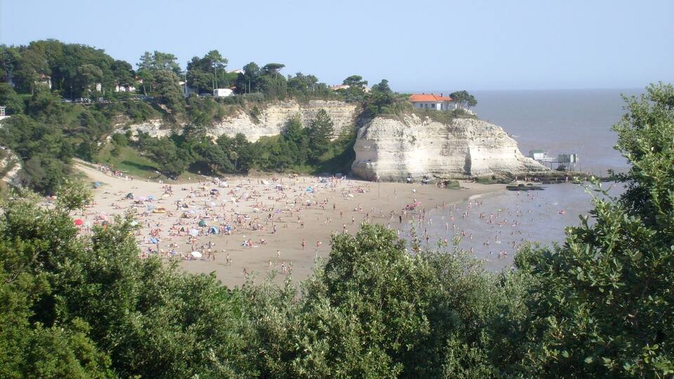 A crowded beach with cliffs and trees in the background.