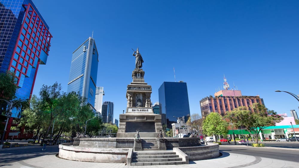 Mexico, Mexico City-2 September, 2019: Monument to Cuauhtemoc, the last Mexican ruler of Tenochtitlan, located at the intersection of Avenida de los Insurgentes and Paseo de la Reforma in Mexico City