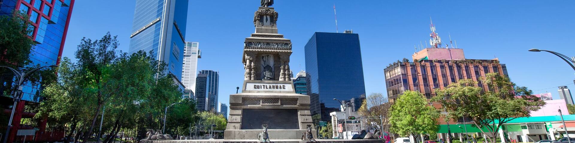 Mexico, Mexico City-2 September, 2019: Monument to Cuauhtemoc, the last Mexican ruler of Tenochtitlan, located at the intersection of Avenida de los Insurgentes and Paseo de la Reforma in Mexico City