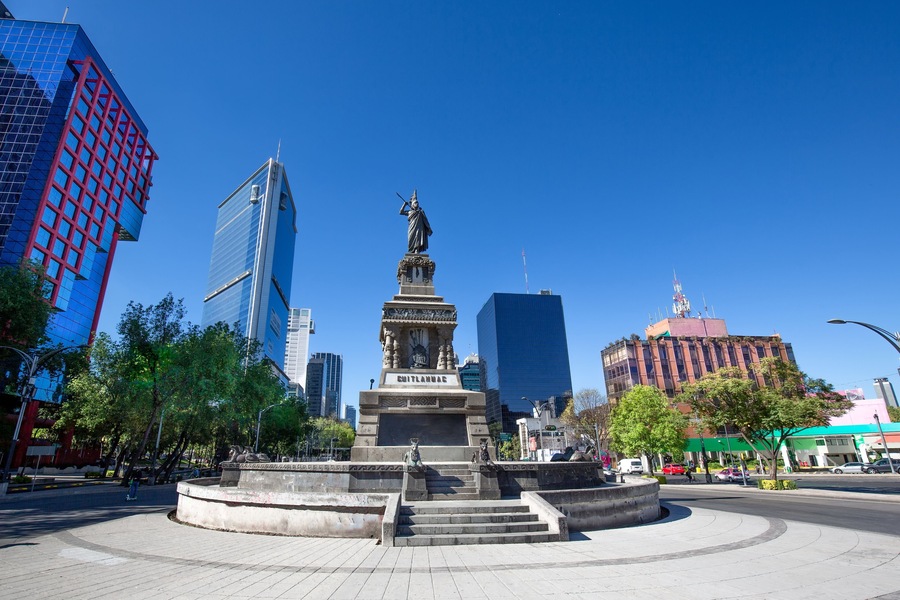 Mexico, Mexico City-2 September, 2019: Monument to Cuauhtemoc, the last Mexican ruler of Tenochtitlan, located at the intersection of Avenida de los Insurgentes and Paseo de la Reforma in Mexico City