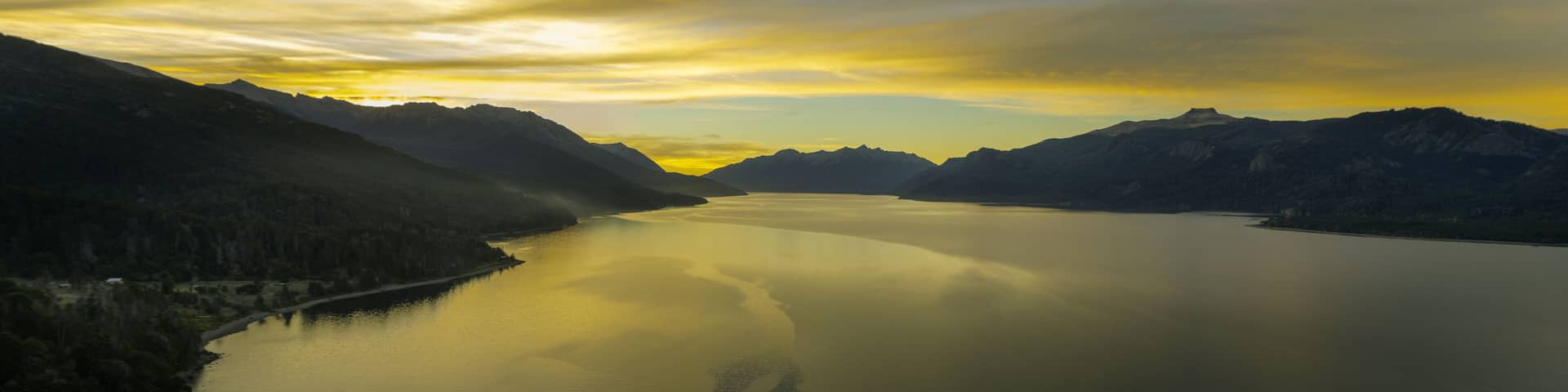 Panoramic view of sunset on Traful Lake. Autumn, Patagonia Argentina.