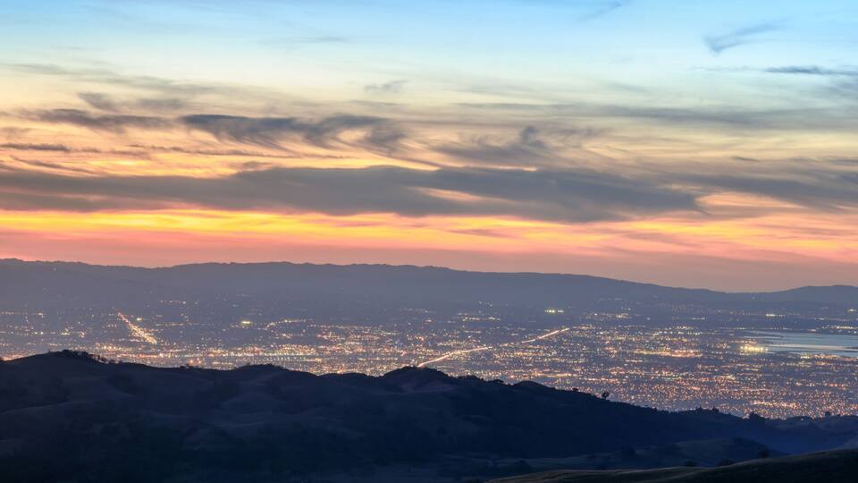 Silicon Valley Panorama. Santa Clara Valley at dusk as seen from Lick Observatory in Mount Hamilton east of San Jose, Santa Clara County, California, USA.