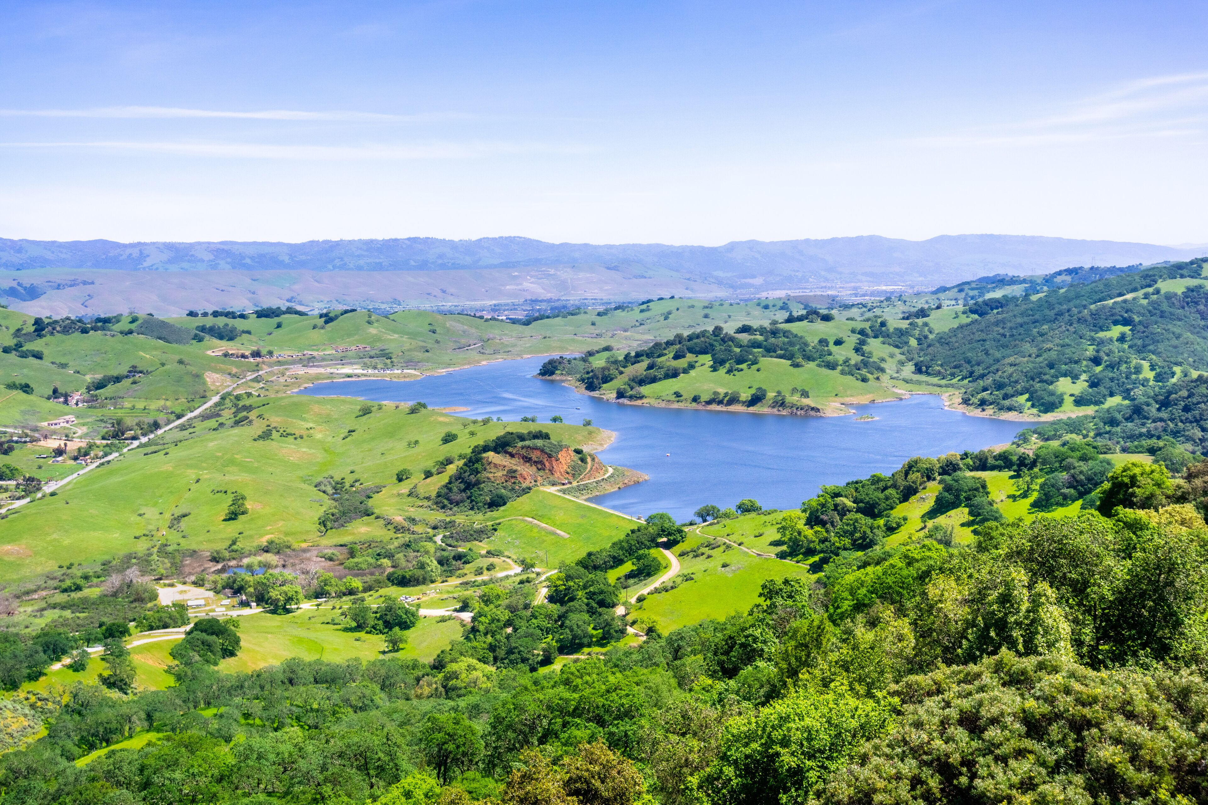 Aerial view of Calero reservoir, Calero county park, Santa Clara county, south San Francisco bay area, San Jose, California