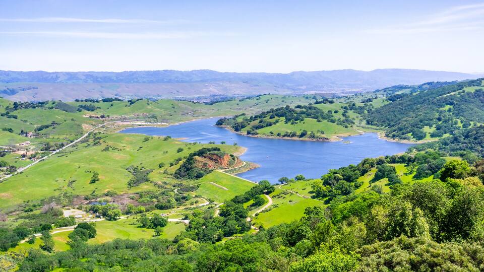 Aerial view of Calero reservoir, Calero county park, Santa Clara county, south San Francisco bay area, San Jose, California