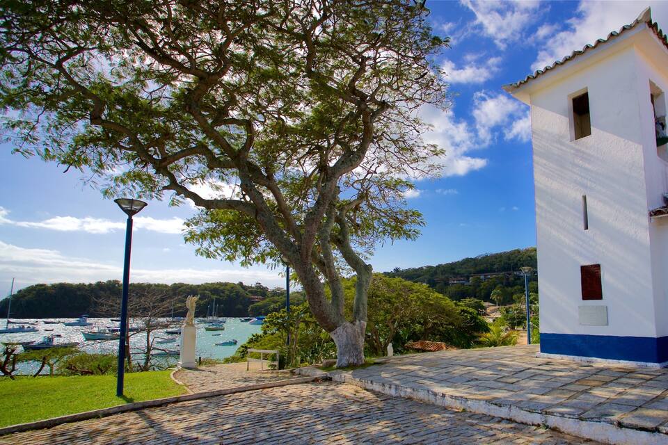 A coastal town with a white building, a cobblestone path, a large tree, and boats in the water.