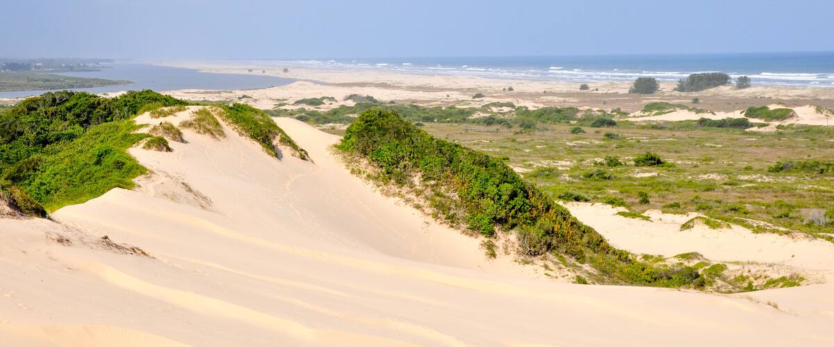 Sand dunes, green vegetation, and a beach with ocean in the background.