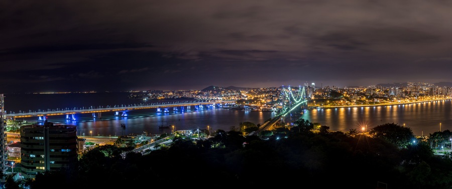 The Hercilio Luz Bridge at night, Florianopolis, Brazil.