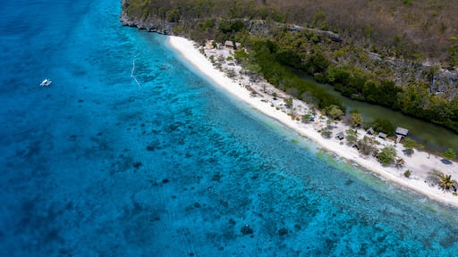 A coastal area with clear turquoise waters, a sandy beach, and scattered huts.