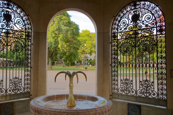 Kochbrunnen which includes a fountain, a park and interior views