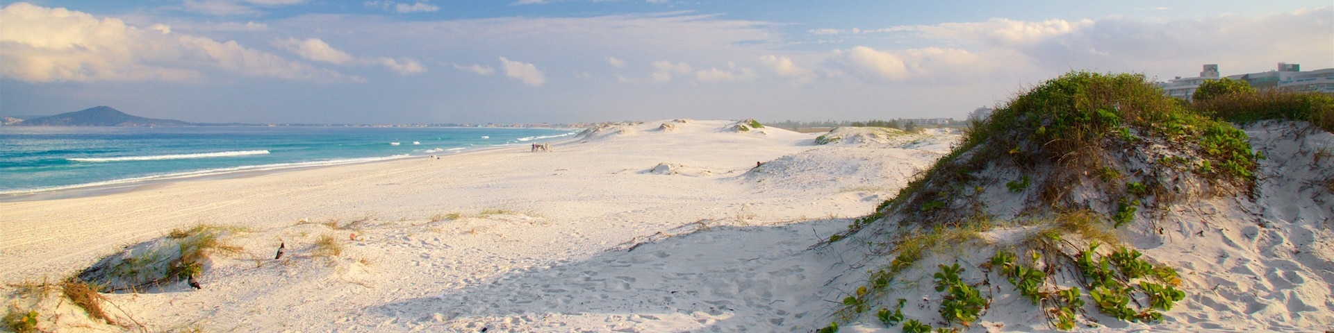Una playa arenosa con olas suaves, cielo despejado y montañas a lo lejos.