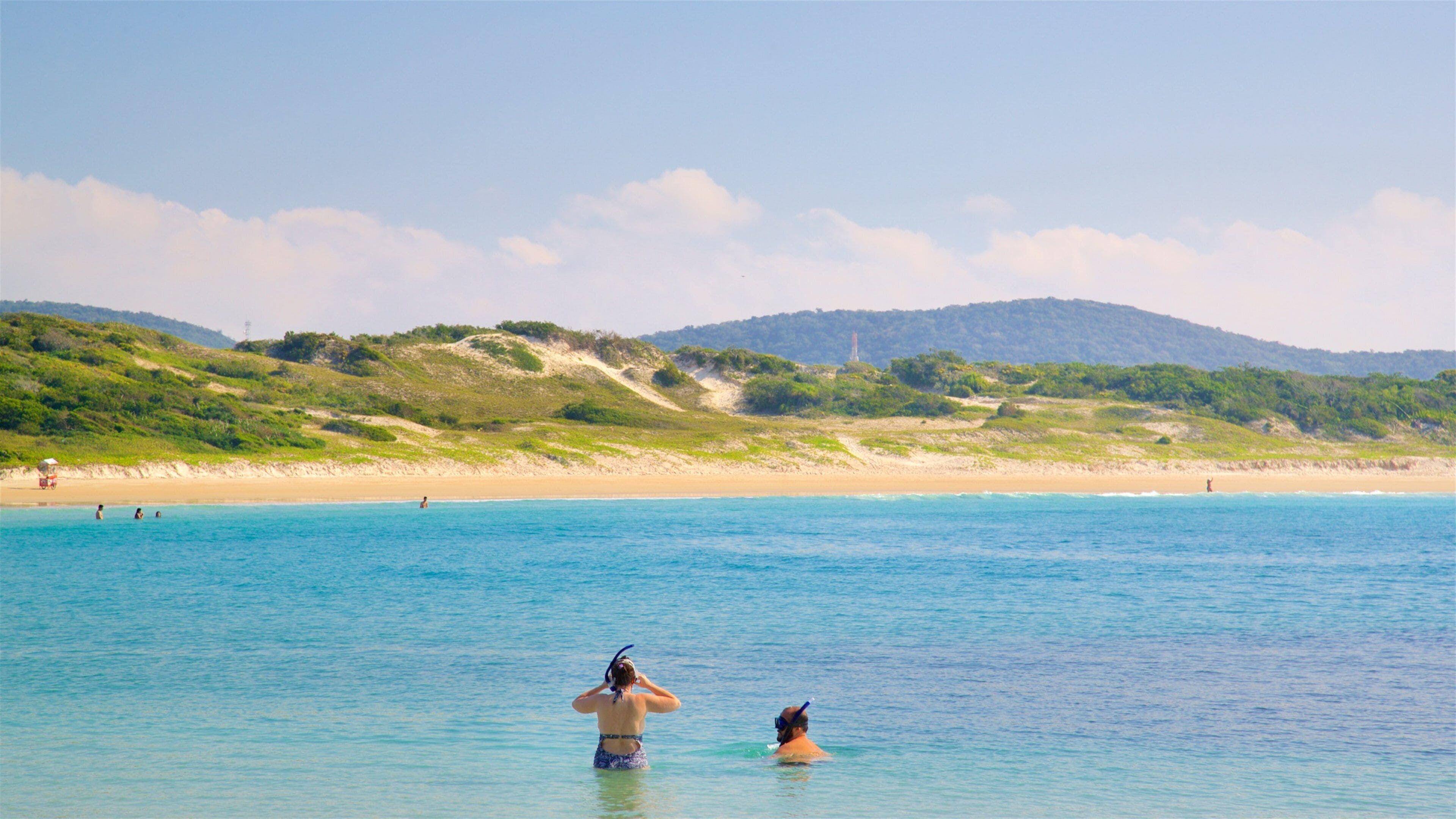 A beach with clear blue water, sandy shore, and green hills in the background.