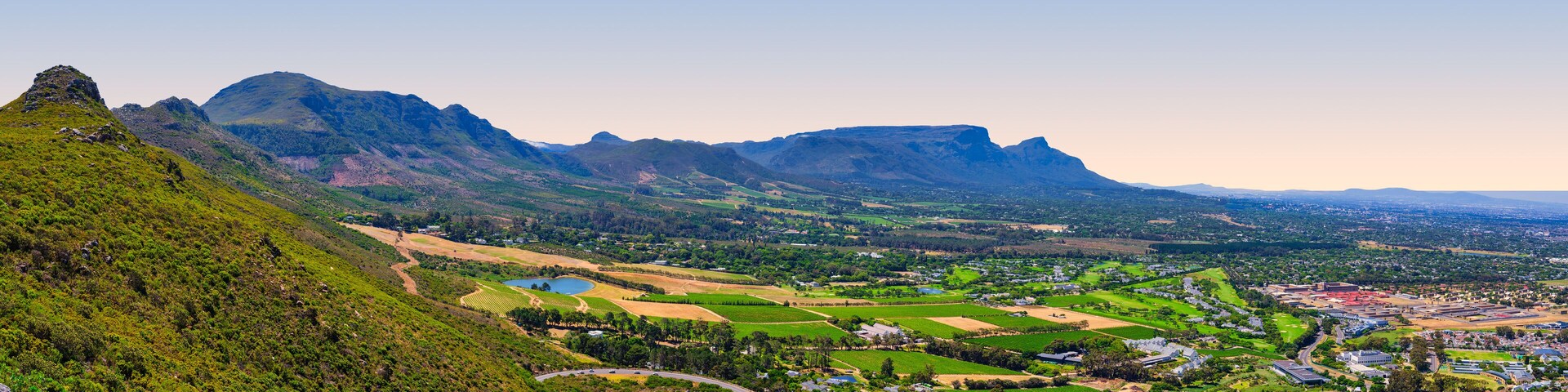 Table Mountain range in the background of Constantia and Tokai, panorama shot from Ou Kaapse Weg, Cape Town, South Africa