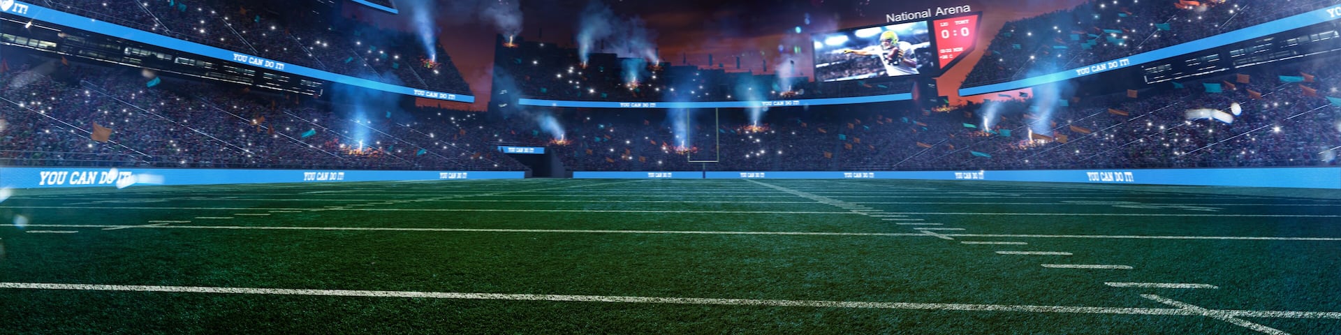 Empty American fotball field. celebrate win or touchdown. focus in grass. little unfocus in background