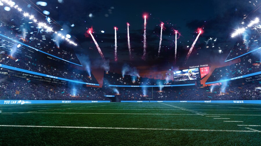 Empty American fotball field. celebrate win or touchdown. focus in grass. little unfocus in background