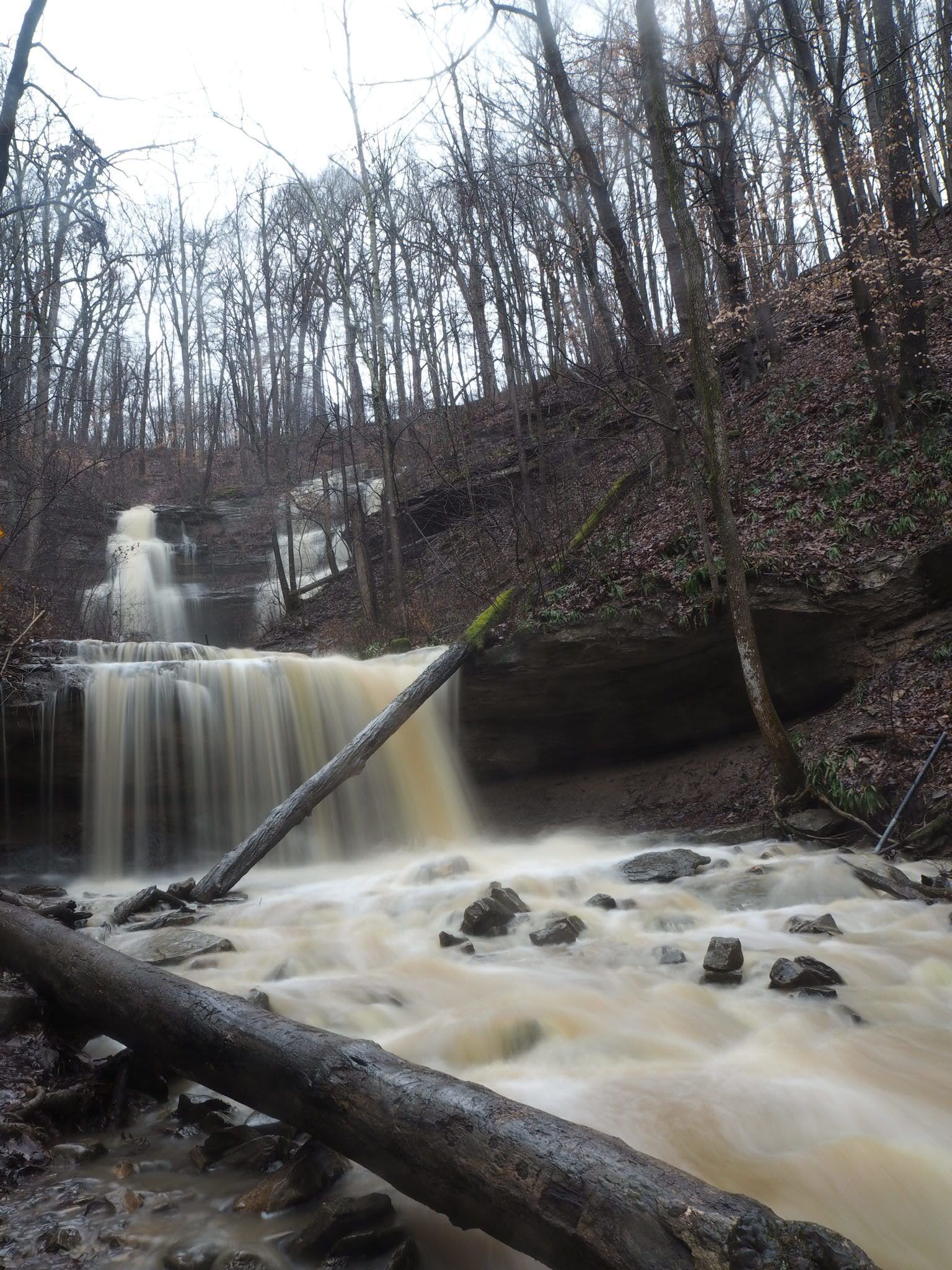 Tioga Falls drops 130 feet over several tiers. It is best visited in spring or after heavy rainfall. Two straight days of rain while visiting Louisville and the water was rushing.

The challenge lies in getting a photo of the falls without incorporating any of the numerous warning signs that surround the nearby cliffs.

The hike is a fun, picturesque two mile out and back trail. The trailhead isn't too far of a drive from Louisville.