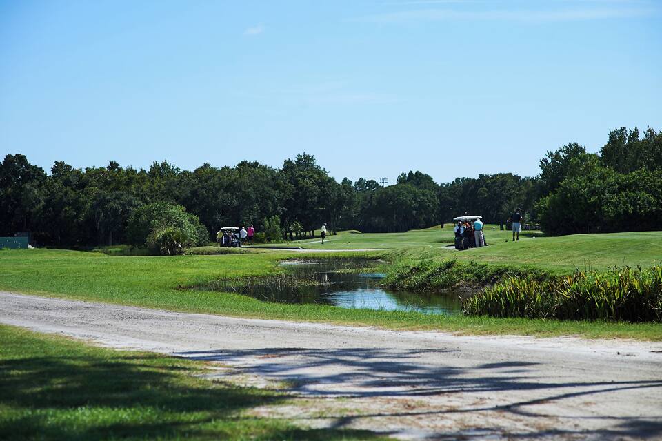 A golf course with a pond, trees, and a dirt path.