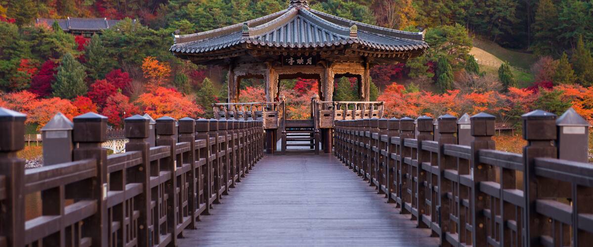 A traditional pavilion on a wooden bridge with autumn foliage in the background.