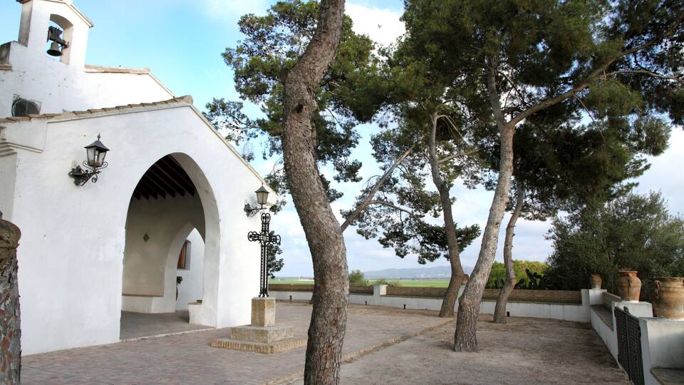 A white church with a bell tower, arched doorways, and a paved courtyard with trees and pots.