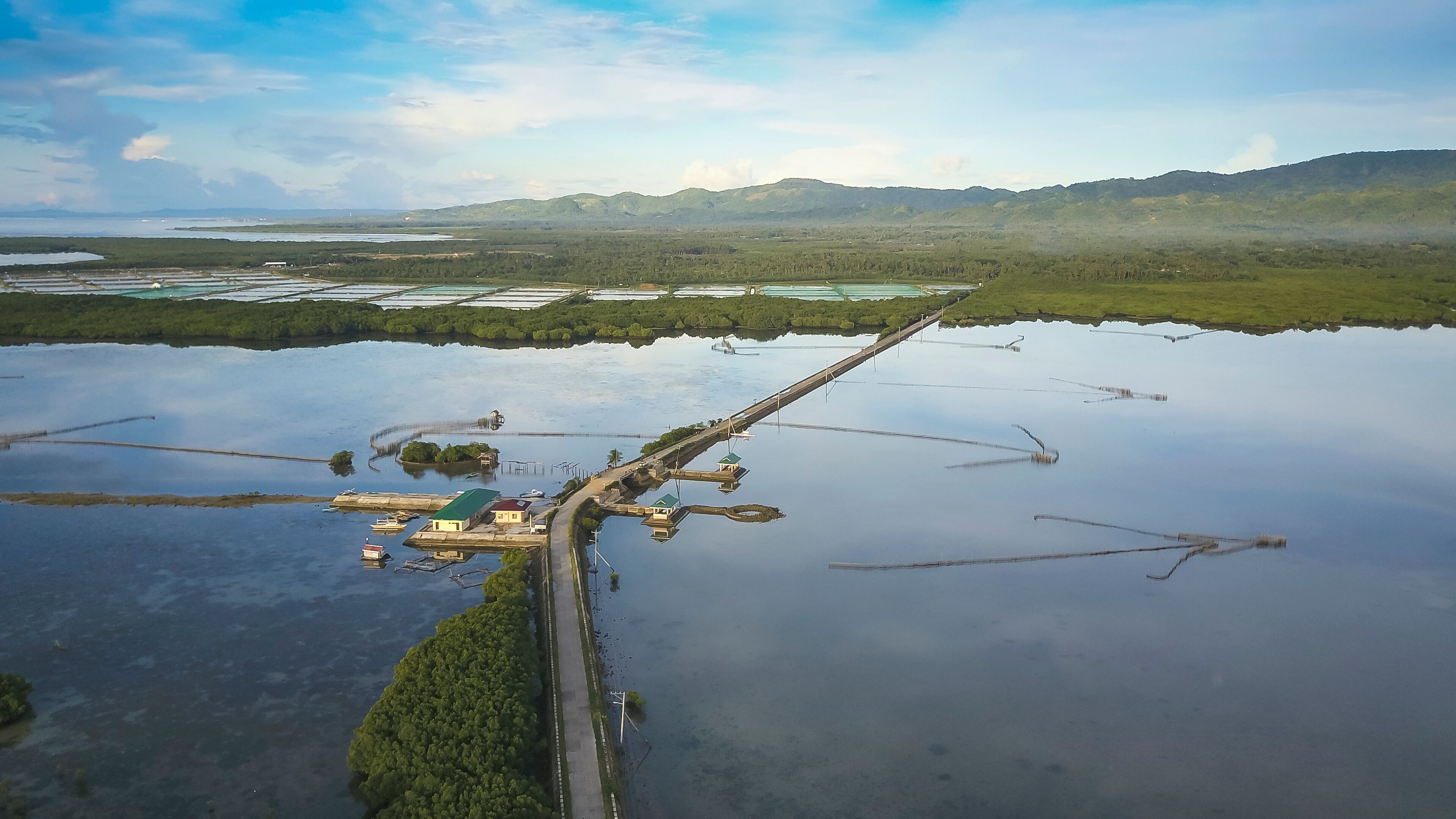 An aerial view of a water body with a bridge, green vegetation, and distant hills.