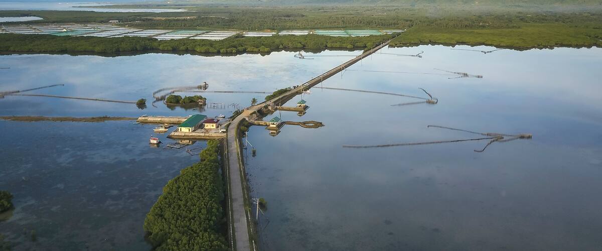 An aerial view of a water body with a bridge, green vegetation, and distant hills.